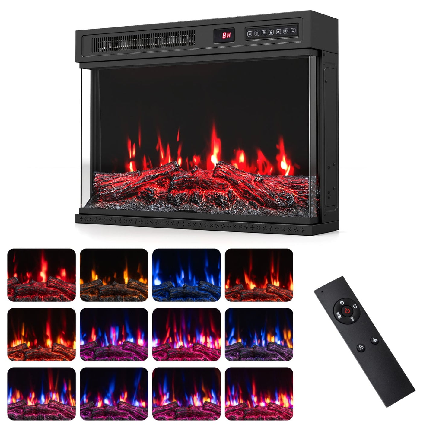 3-Sided Built-In Electric Fireplace Insert, 24 Inch, 12 Flame Colors
