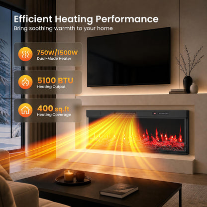 50 In 3-Sided Built-In Electric Fireplace Insert, 12 Flame Colors