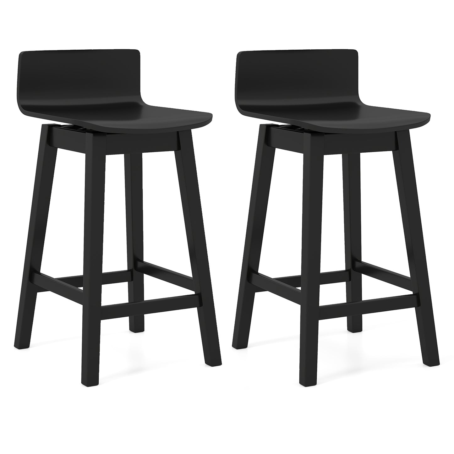 24.5 Inch Swivel Wooden Bar Stools Set of 2 with Rubber Wood Legs and Low Back, Black Bar Stools Black at Gallery Canada