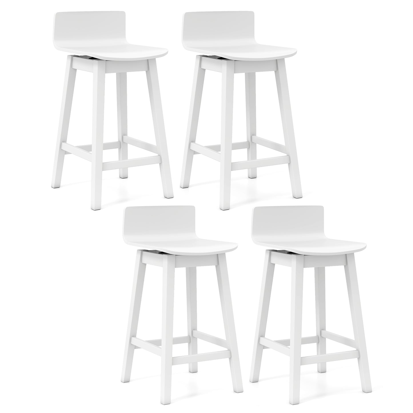 24.5 Inch Swivel Wooden Bar Stools Set of 4 with Rubber Wood Legs and Low Back, White Bar Stools White at Gallery Canada