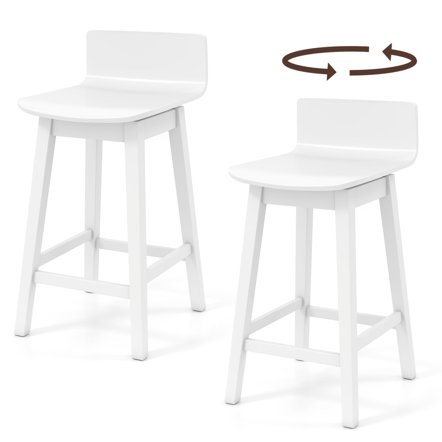 24.5 Inch Swivel Wooden Bar Stools Set of 2 with Rubber Wood Legs and Low Back, White Bar Stools at Gallery Canada
