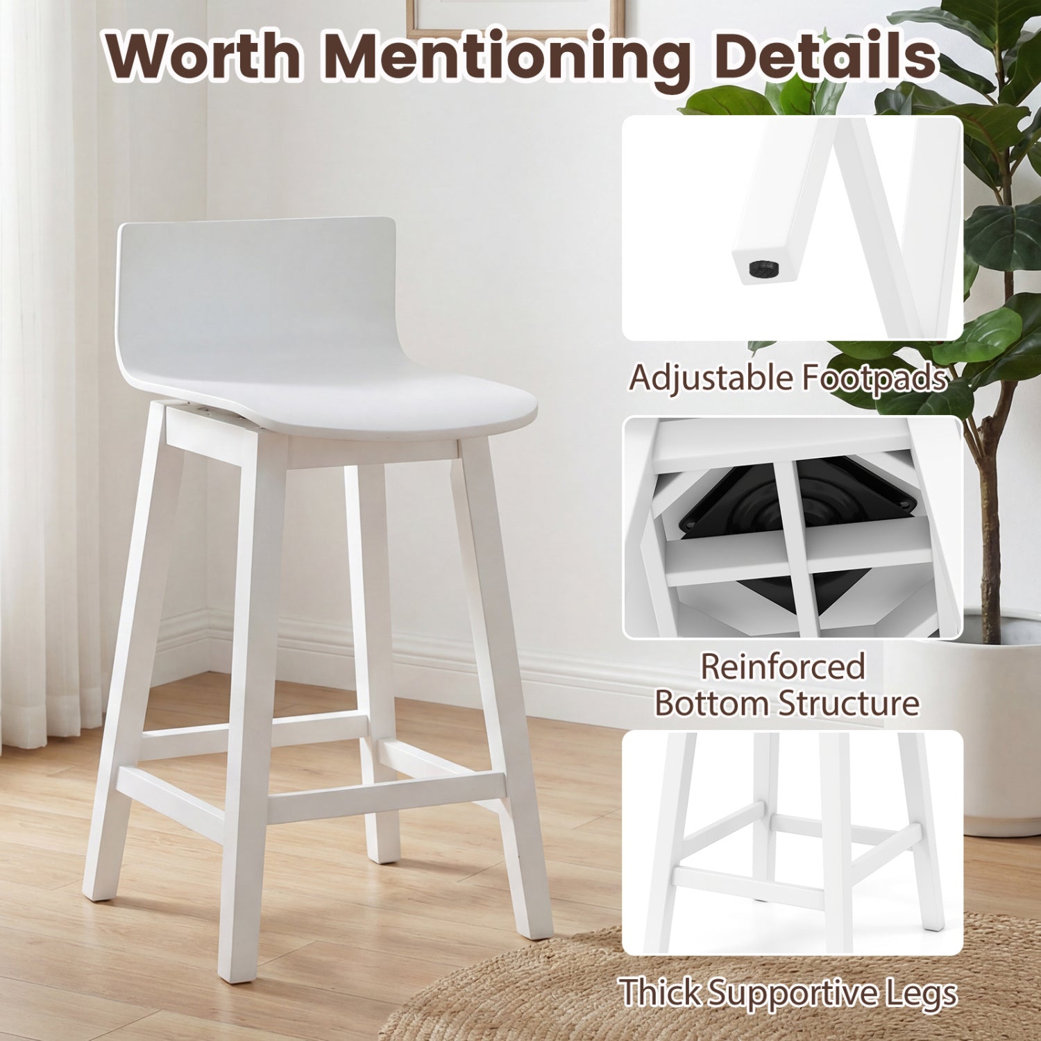 24.5 Inch Swivel Wooden Bar Stools Set of 2 with Rubber Wood Legs and Low Back, White Bar Stools at Gallery Canada