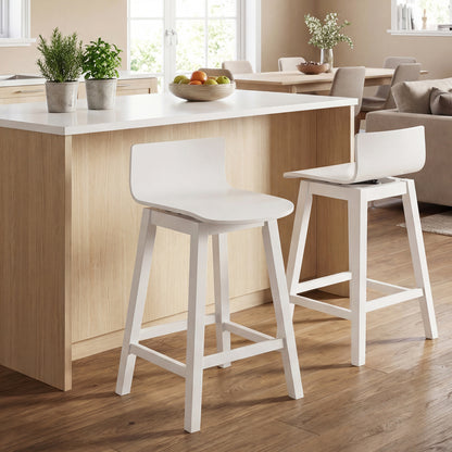 24.5 Inch Swivel Wooden Bar Stools Set of 2 with Rubber Wood Legs and Low Back, White Bar Stools at Gallery Canada