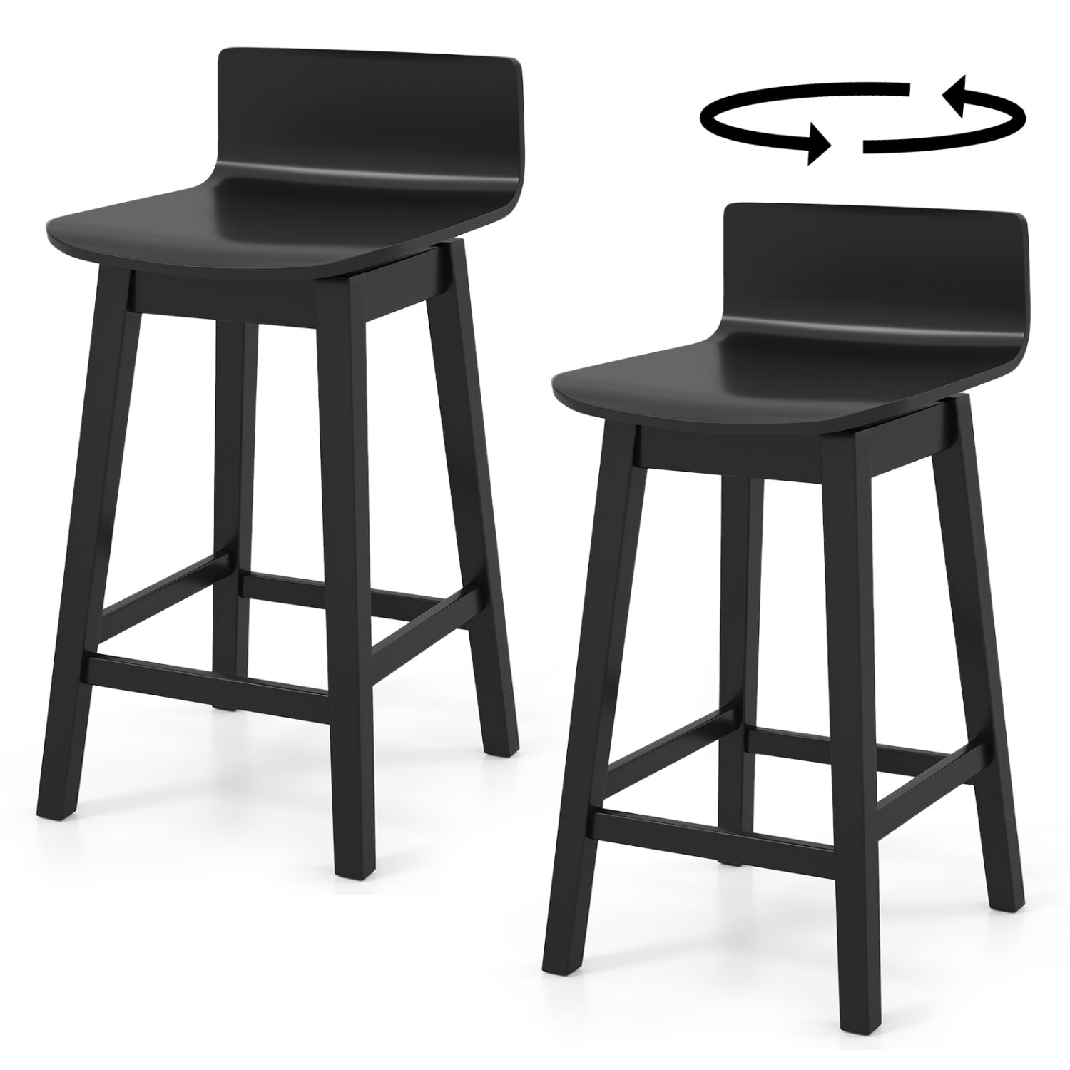 24.5 Inch Swivel Wooden Bar Stools Set of 2 with Rubber Wood Legs and Low Back, Black Bar Stools at Gallery Canada