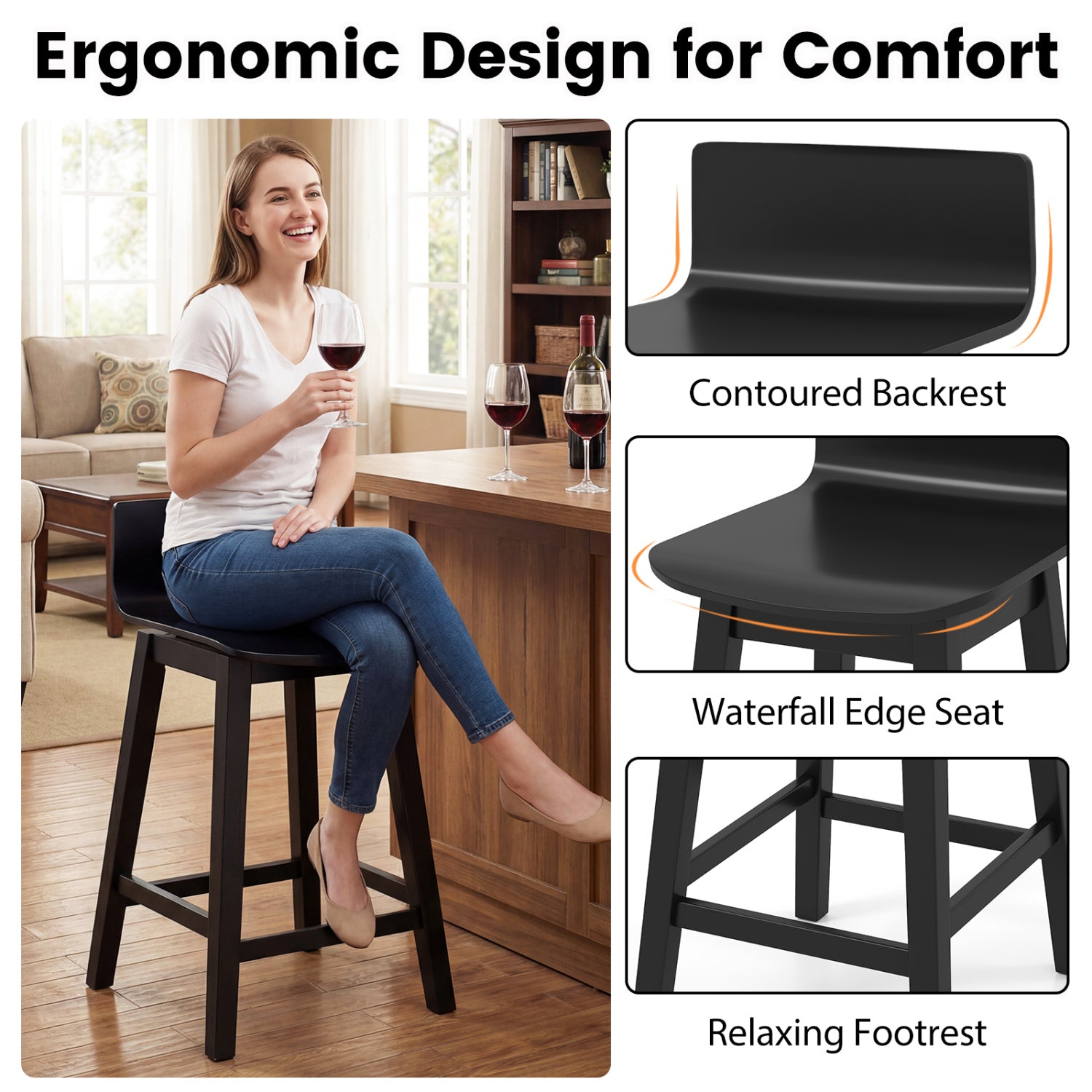 24.5 Inch Swivel Wooden Bar Stools Set of 2 with Rubber Wood Legs and Low Back, Black Bar Stools at Gallery Canada