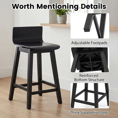 24.5 Inch Swivel Wooden Bar Stools Set of 2 with Rubber Wood Legs and Low Back, Black Bar Stools at Gallery Canada