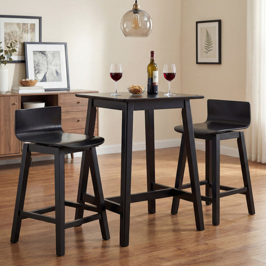 24.5 Inch Swivel Wooden Bar Stools Set of 2 with Rubber Wood Legs and Low Back, Black Bar Stools Black at Gallery Canada