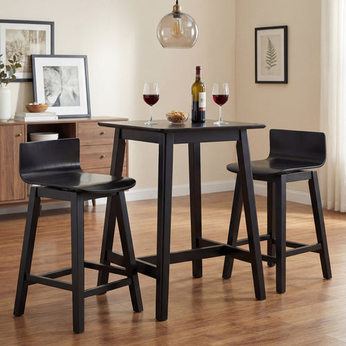 24.5 Inch Swivel Wooden Bar Stools Set of 2 with Rubber Wood Legs and Low Back, Black