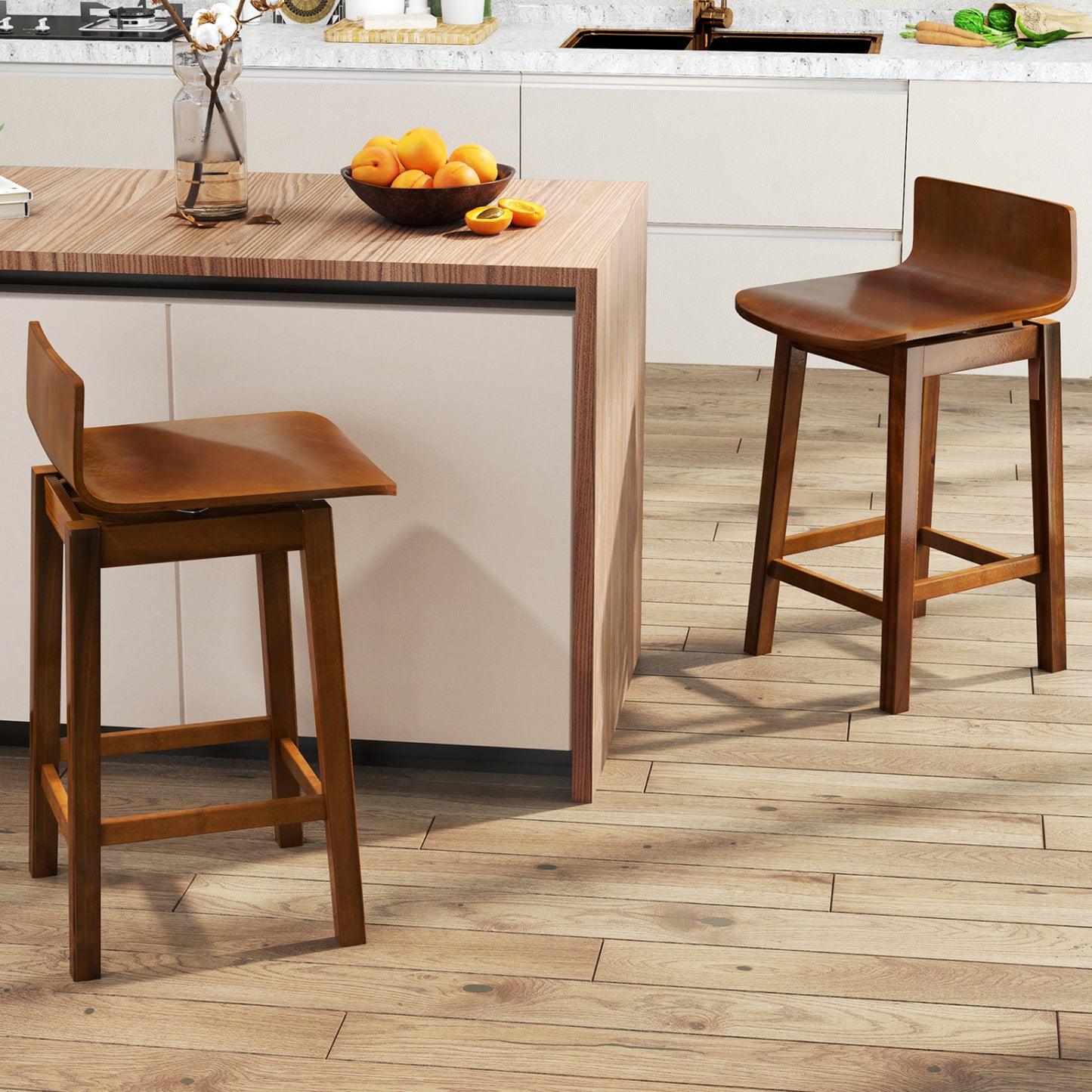 24.5 Inch Swivel Wooden Bar Stools, Set of 2, Walnut Bar Stools at Gallery Canada