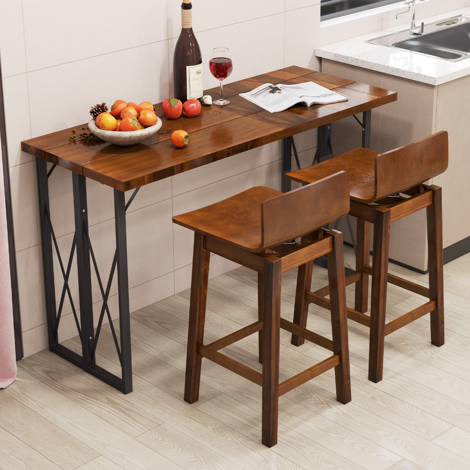 24.5 Inch Swivel Wooden Bar Stools, Set of 2, Walnut Bar Stools at Gallery Canada