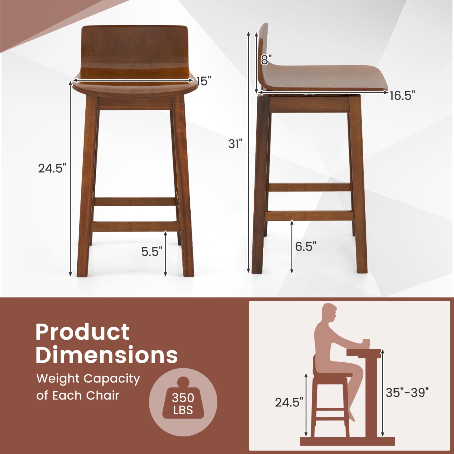 24.5 Inch Swivel Wooden Bar Stools, Set of 2, Walnut Bar Stools at Gallery Canada