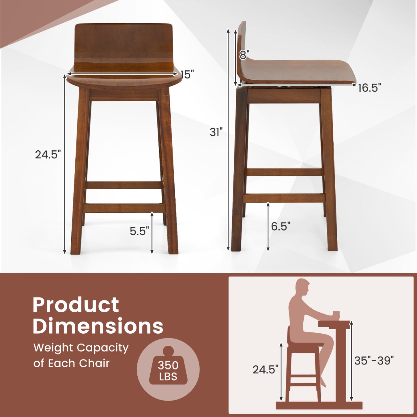 24.5 Inch Swivel Wooden Bar Stools, Set of 2, Walnut Bar Stools at Gallery Canada