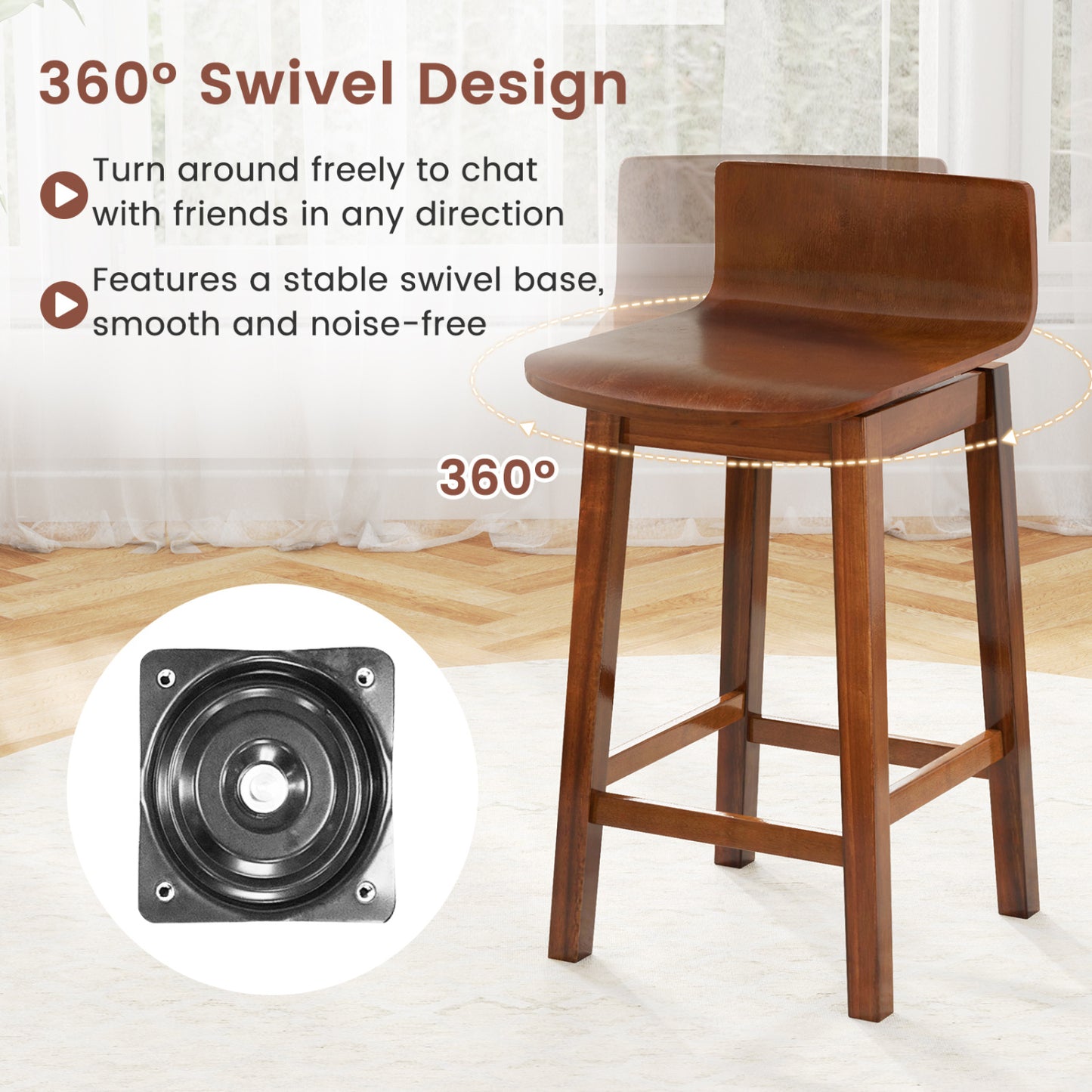 24.5 Inch Swivel Wooden Bar Stools, Set of 2, Walnut Bar Stools at Gallery Canada