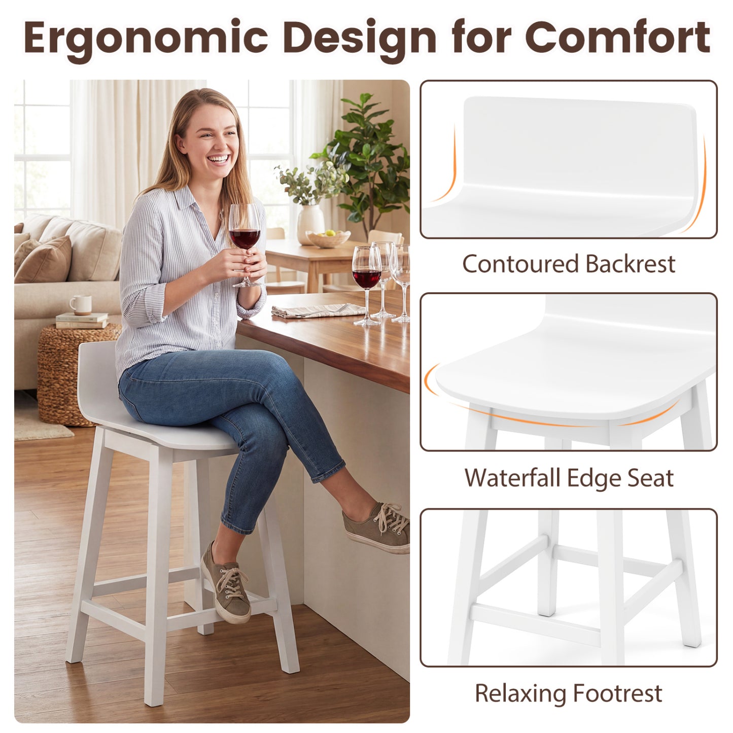 24.5 Inch Swivel Wooden Bar Stools Set of 4 with Rubber Wood Legs and Low Back, White Bar Stools at Gallery Canada