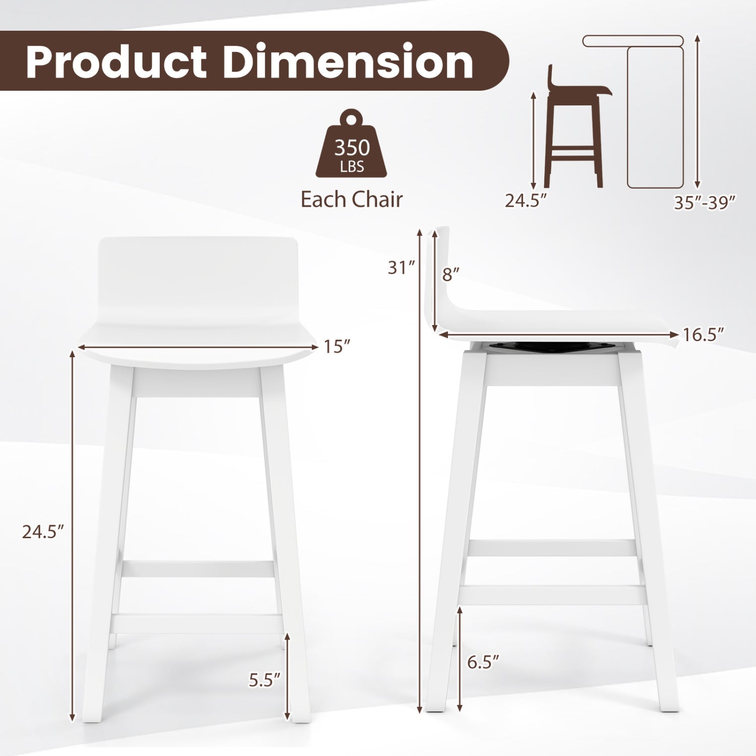 24.5 Inch Swivel Wooden Bar Stools Set of 4 with Rubber Wood Legs and Low Back, White Bar Stools at Gallery Canada