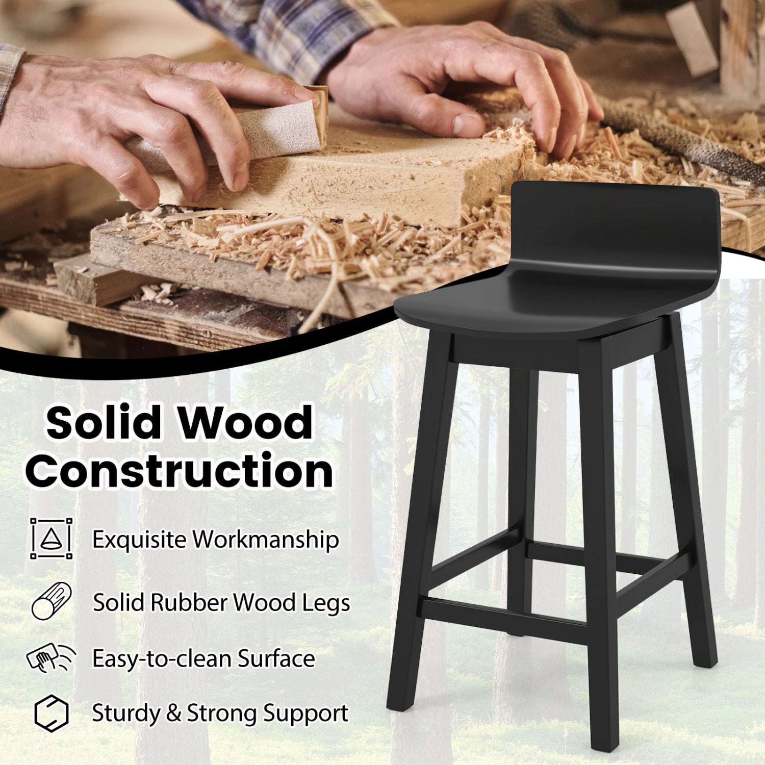 24.5 Inch Swivel Wooden Bar Stools Set of 4 with Rubber Wood Legs and Low Back, Black Bar Stools at Gallery Canada