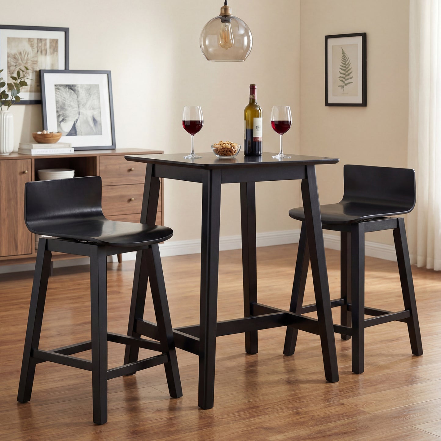 24.5 Inch Swivel Wooden Bar Stools Set of 4 with Rubber Wood Legs and Low Back, Black Bar Stools at Gallery Canada