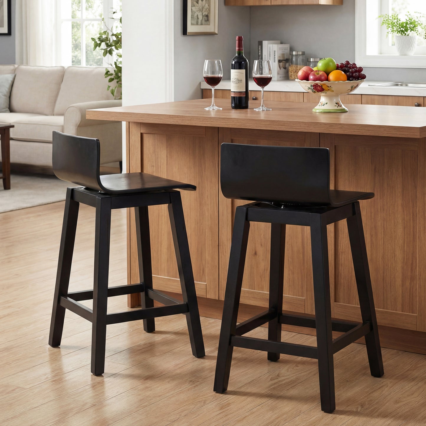24.5 Inch Swivel Wooden Bar Stools Set of 4 with Rubber Wood Legs and Low Back, Black Bar Stools at Gallery Canada