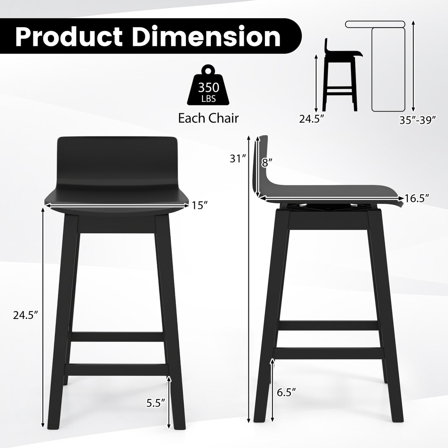 24.5 Inch Swivel Wooden Bar Stools Set of 4 with Rubber Wood Legs and Low Back, Black Bar Stools at Gallery Canada