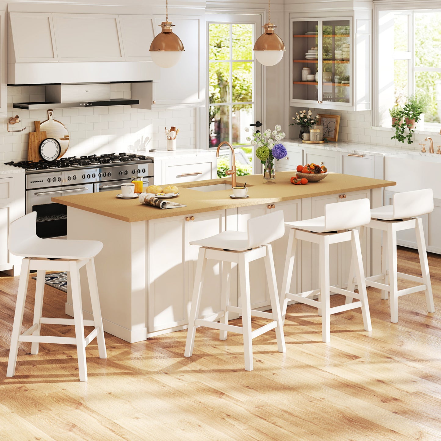 24.5 Inch Swivel Wooden Bar Stools Set of 4 with Rubber Wood Legs and Low Back, White Bar Stools at Gallery Canada