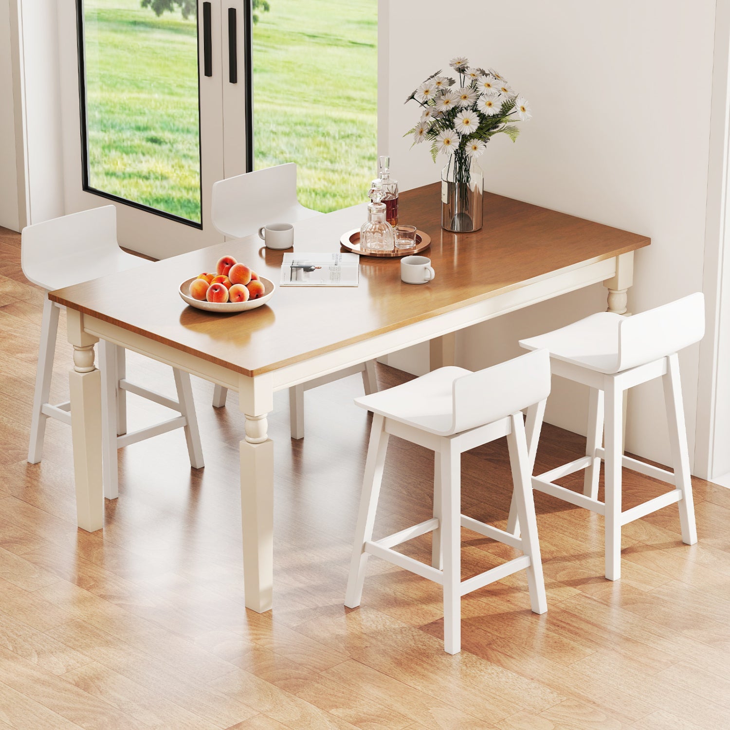 24.5 Inch Swivel Wooden Bar Stools Set of 4 with Rubber Wood Legs and Low Back, White Bar Stools at Gallery Canada