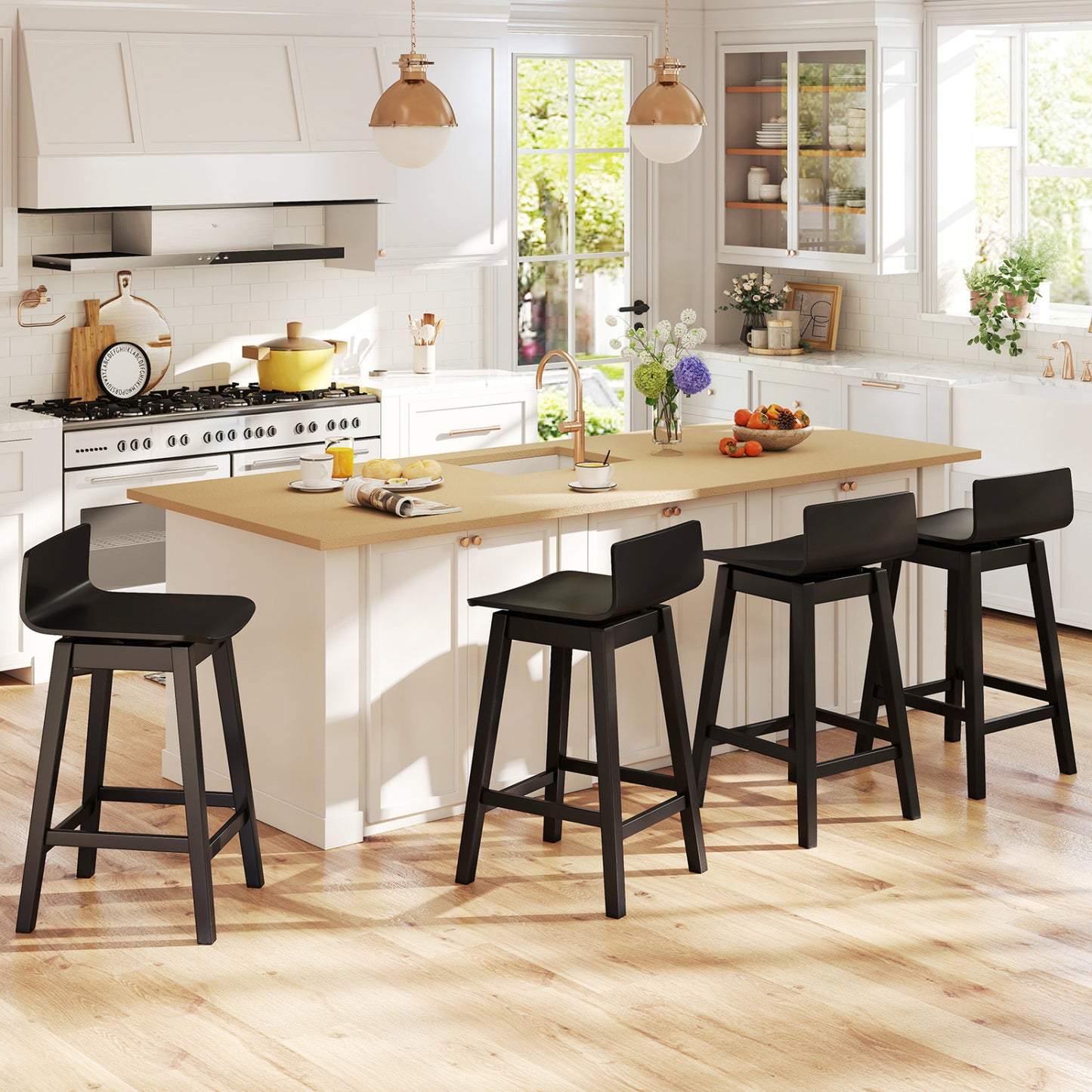24.5 Inch Swivel Wooden Bar Stools Set of 4 with Rubber Wood Legs and Low Back, Black Bar Stools at Gallery Canada