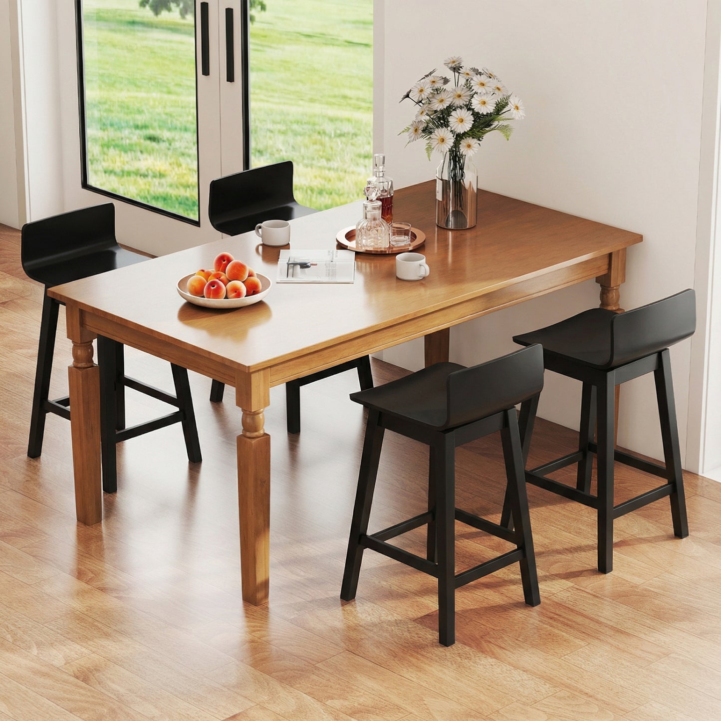 24.5 Inch Swivel Wooden Bar Stools Set of 4 with Rubber Wood Legs and Low Back, Black Bar Stools at Gallery Canada