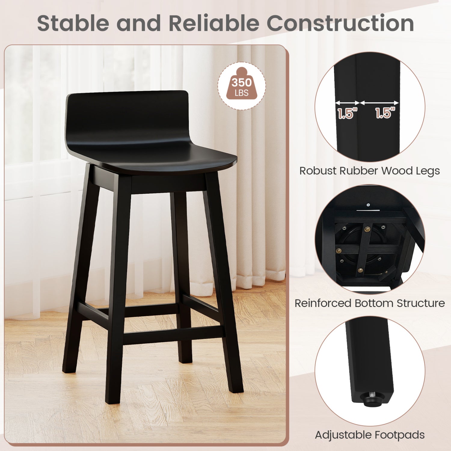 24.5 Inch Swivel Wooden Bar Stools Set of 4 with Rubber Wood Legs and Low Back, Black Bar Stools at Gallery Canada