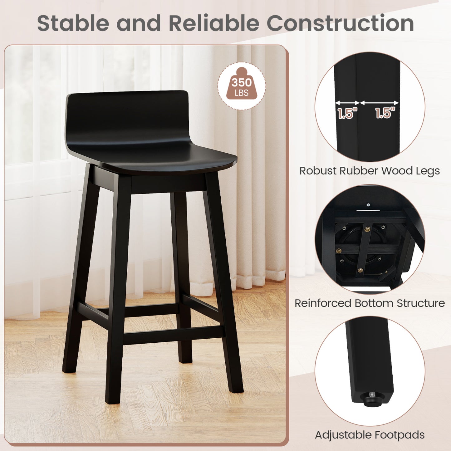 24.5 Inch Swivel Wooden Bar Stools Set of 4 with Rubber Wood Legs and Low Back, Black Bar Stools at Gallery Canada