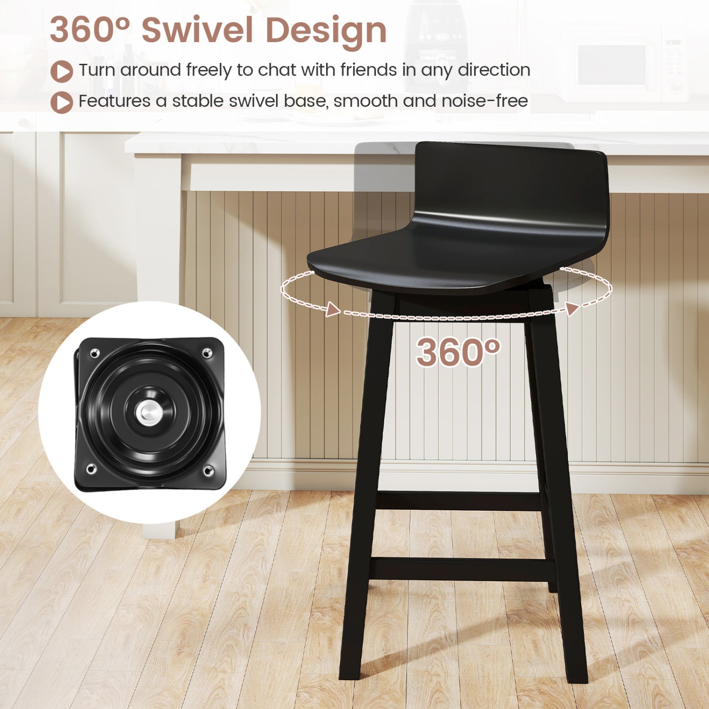 24.5 Inch Swivel Wooden Bar Stools Set of 4 with Rubber Wood Legs and Low Back, Black Bar Stools at Gallery Canada