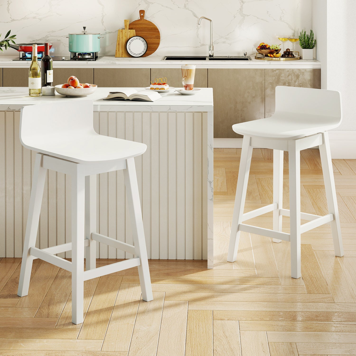 24.5 Inch Swivel Wooden Bar Stools Set of 2 with Rubber Wood Legs and Low Back, White Bar Stools at Gallery Canada