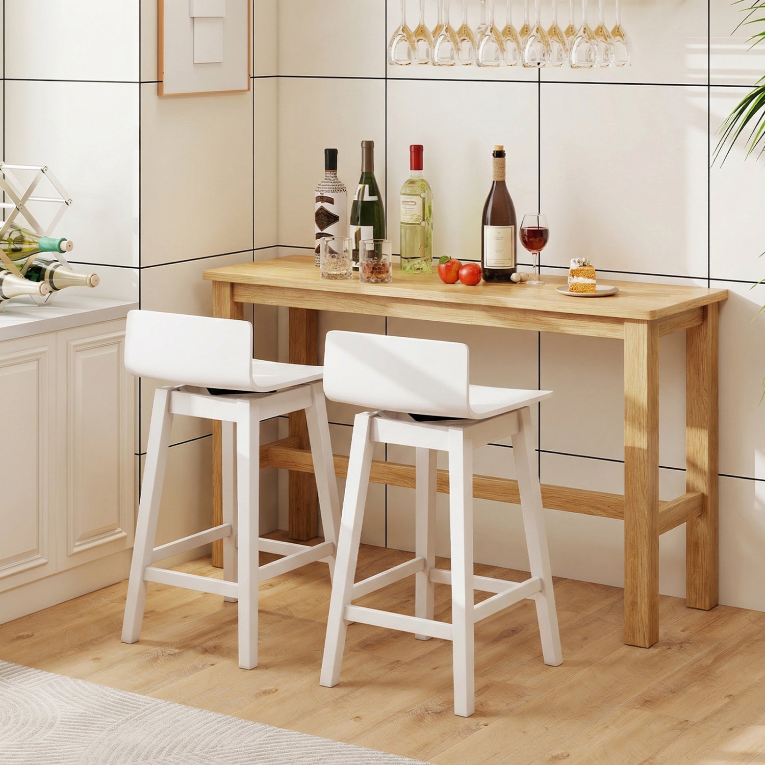 24.5 Inch Swivel Wooden Bar Stools Set of 2 with Rubber Wood Legs and Low Back, White Bar Stools at Gallery Canada