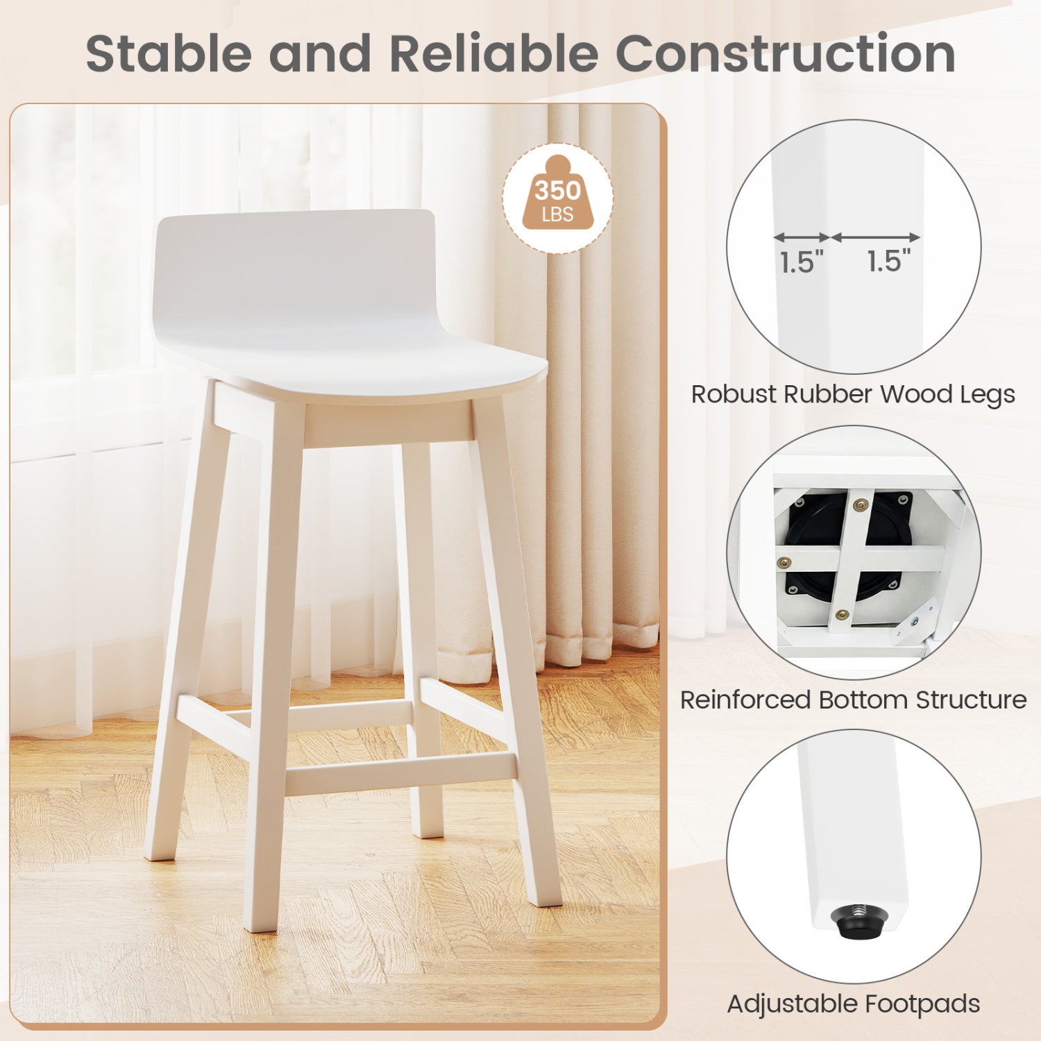 24.5 Inch Swivel Wooden Bar Stools Set of 2 with Rubber Wood Legs and Low Back, White Bar Stools at Gallery Canada