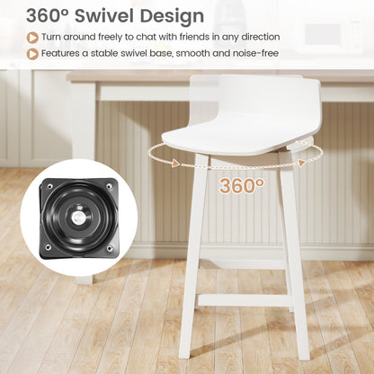 24.5 Inch Swivel Wooden Bar Stools Set of 2 with Rubber Wood Legs and Low Back, White Bar Stools at Gallery Canada