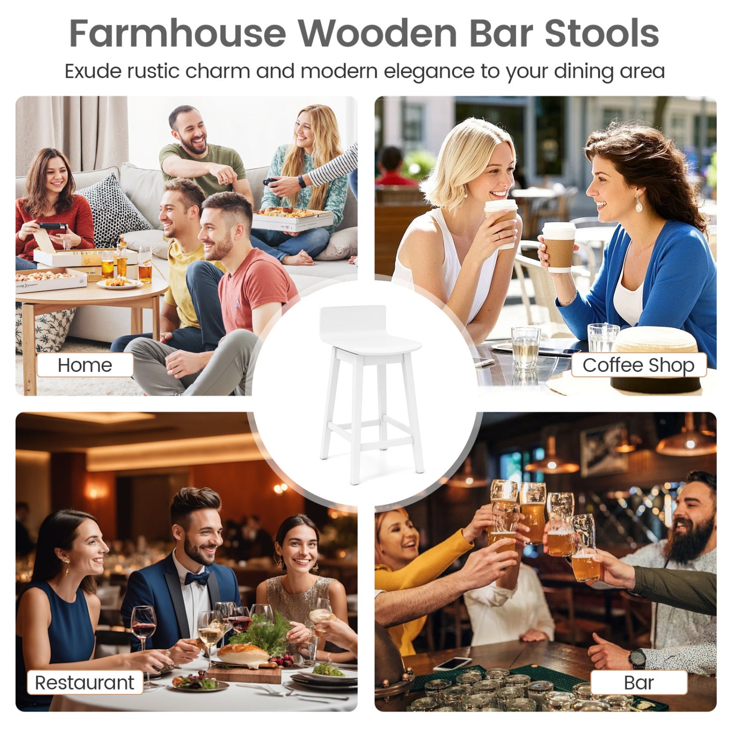 24.5 Inch Swivel Wooden Bar Stools Set of 2 with Rubber Wood Legs and Low Back, White Bar Stools at Gallery Canada