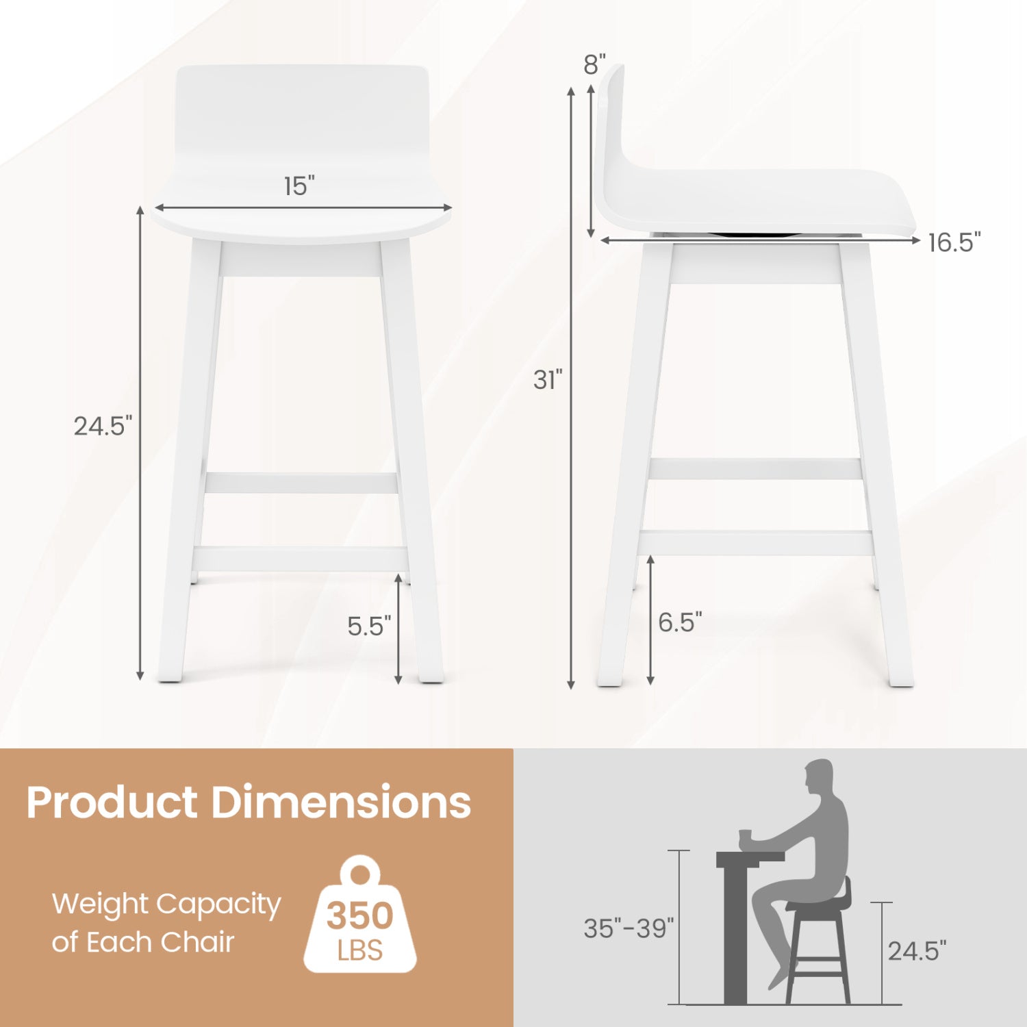24.5 Inch Swivel Wooden Bar Stools Set of 2 with Rubber Wood Legs and Low Back, White Bar Stools at Gallery Canada