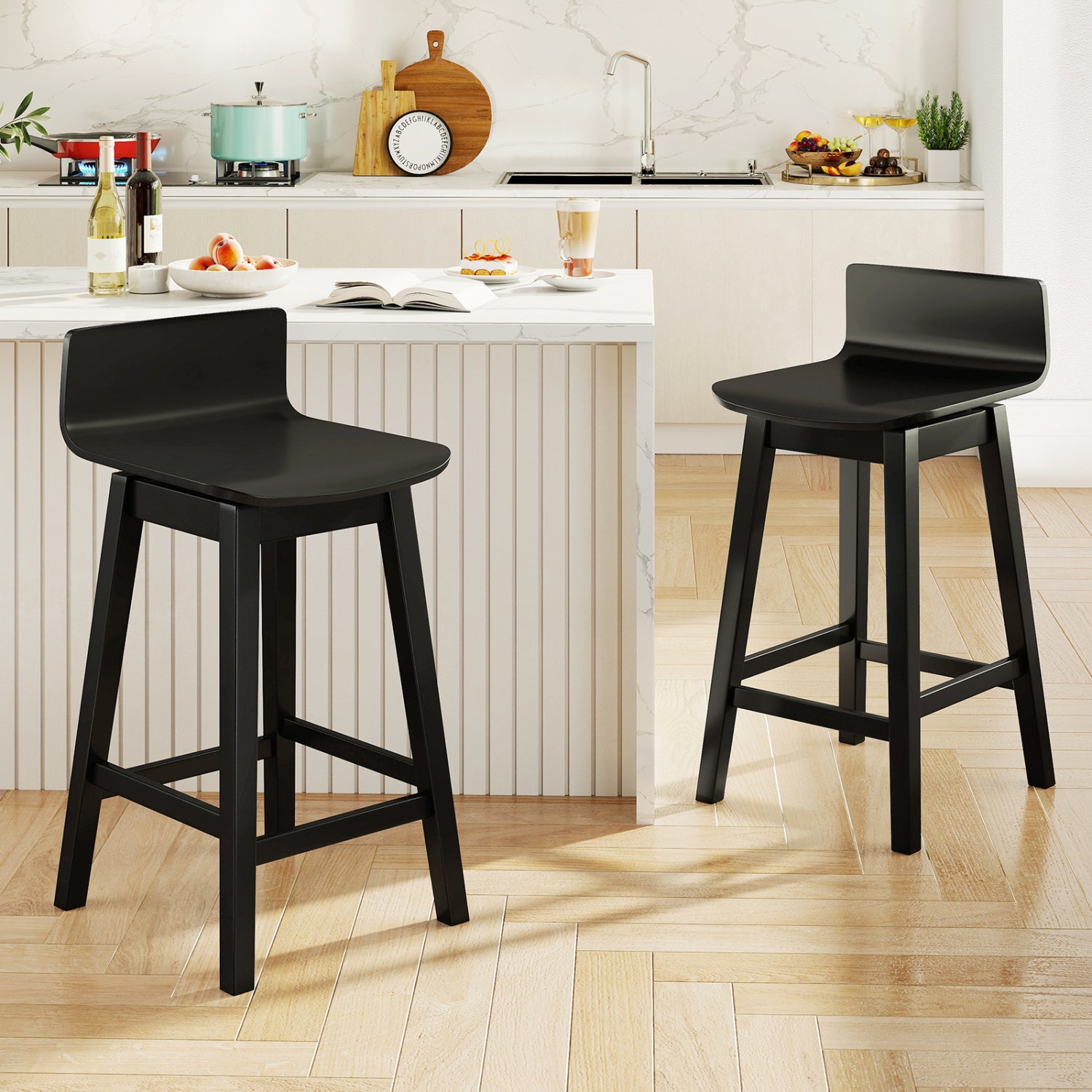 24.5 Inch Swivel Wooden Bar Stools Set of 2 with Rubber Wood Legs and Low Back, Black Bar Stools at Gallery Canada