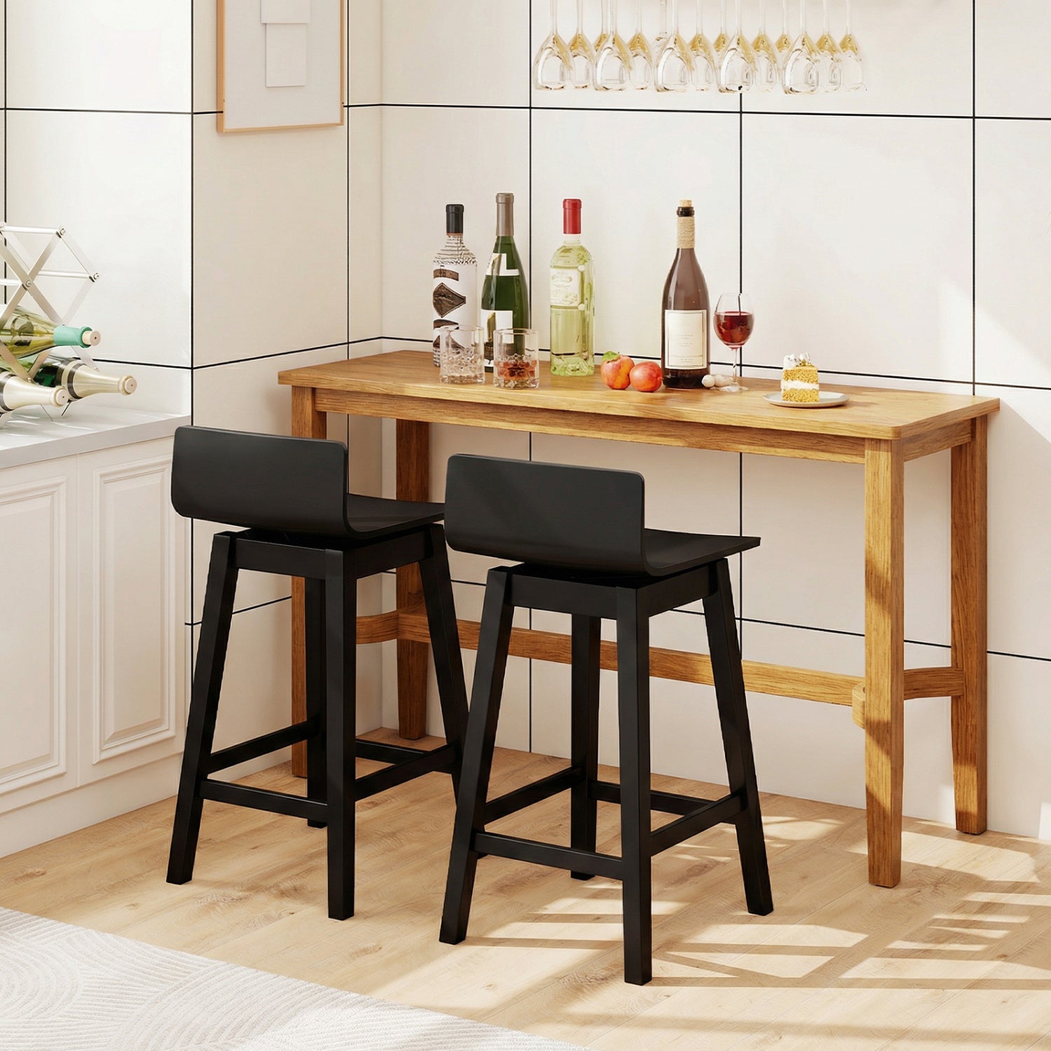 24.5 Inch Swivel Wooden Bar Stools Set of 2 with Rubber Wood Legs and Low Back, Black Bar Stools at Gallery Canada