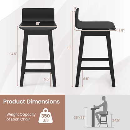 24.5 Inch Swivel Wooden Bar Stools Set of 2 with Rubber Wood Legs and Low Back, Black Bar Stools at Gallery Canada