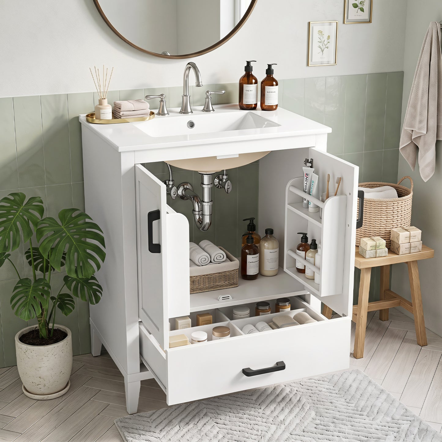 24.5" Modern Bathroom Vanity With Sink, 2 Doors And Drawer, White
