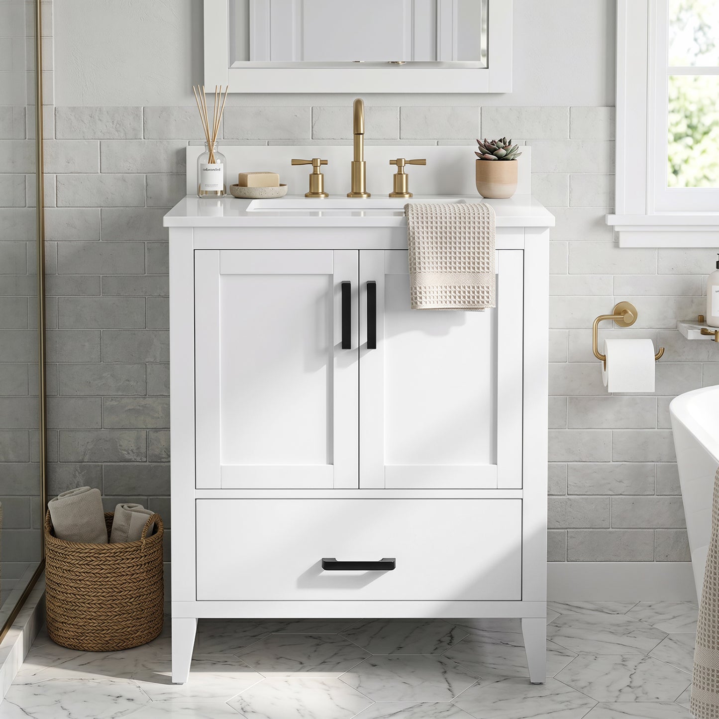 24.5" Modern Bathroom Vanity With Sink, 2 Doors And Drawer, White