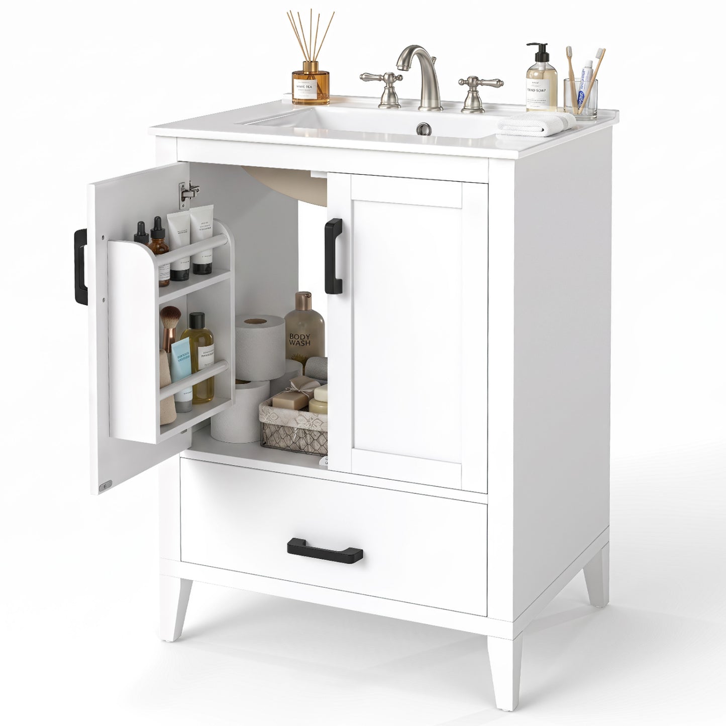 24.5" Modern Bathroom Vanity With Sink, 2 Doors And Drawer, White