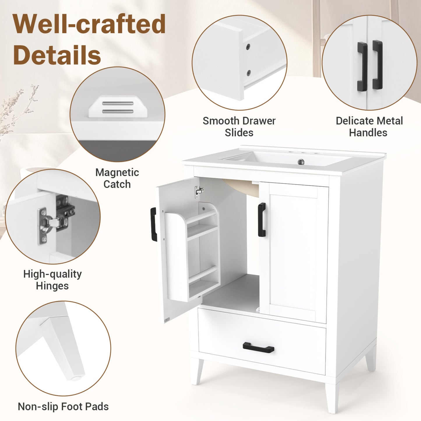 24.5" Modern Bathroom Vanity With Sink, 2 Doors And Drawer, White