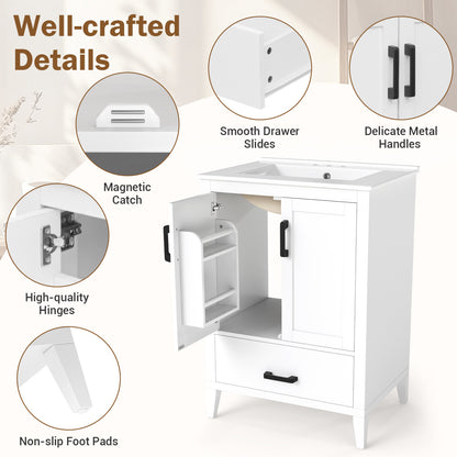 24.5" Modern Bathroom Vanity With Sink, 2 Doors And Drawer, White