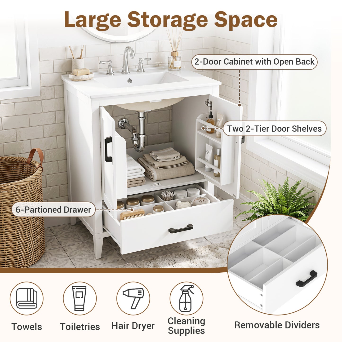 24.5" Modern Bathroom Vanity With Sink, 2 Doors And Drawer, White
