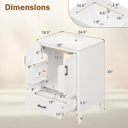 24.5" Modern Bathroom Vanity With Sink, 2 Doors And Drawer, White