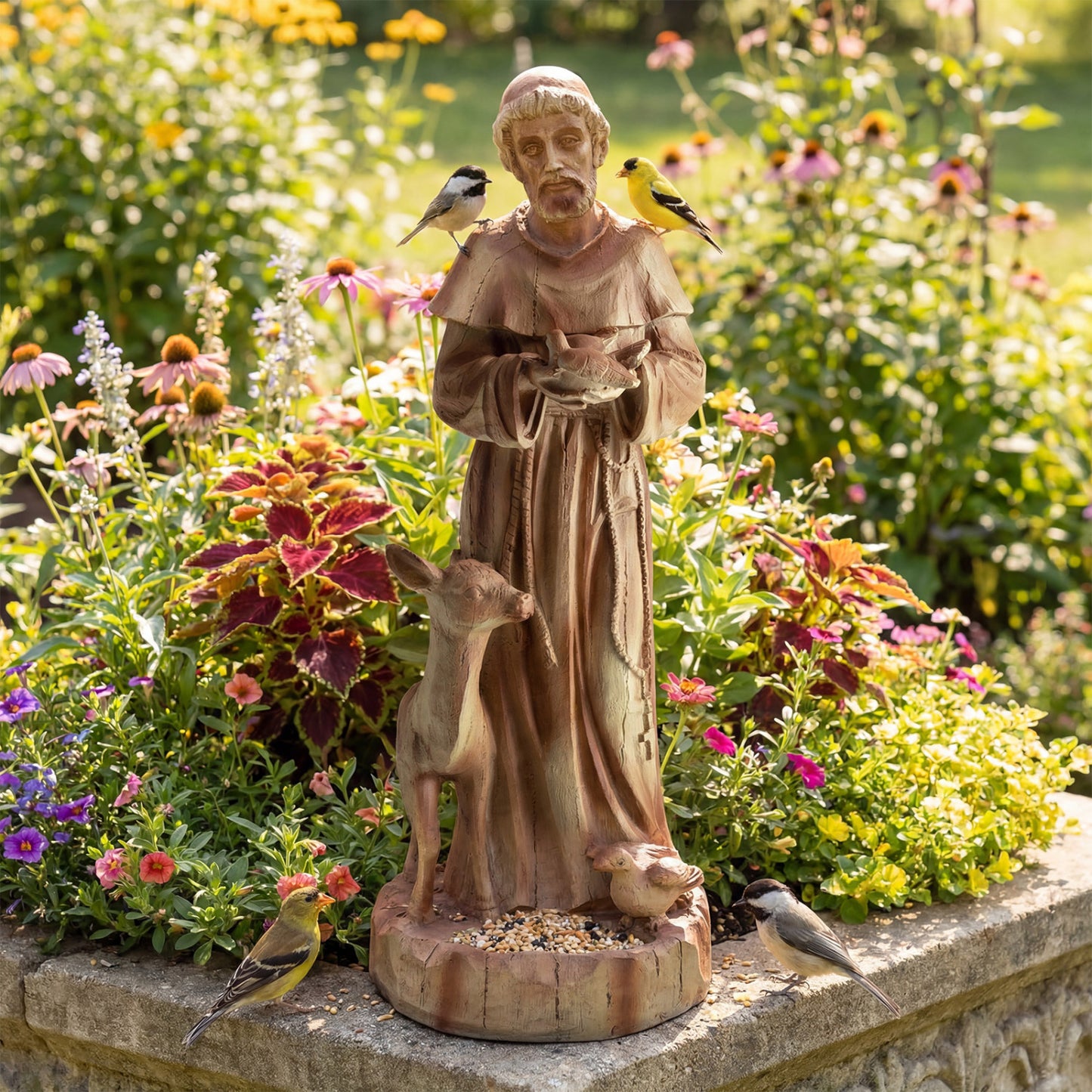 24.5 Inch Saint Francis Statue With Bird Feeder, Brown Outdoor Decor at Gallery Canada