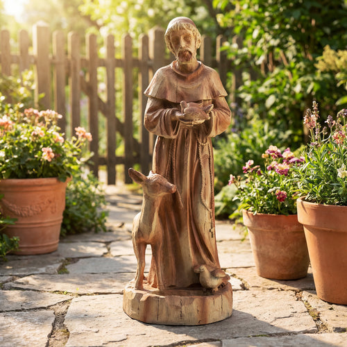 24.5 Inch Saint Francis Statue With Bird Feeder, Brown