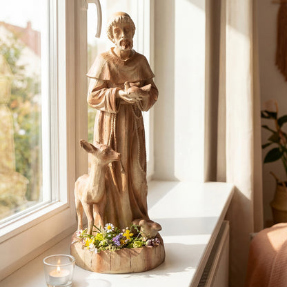 24.5 Inch Saint Francis Statue With Bird Feeder, Brown Outdoor Decor at Gallery Canada