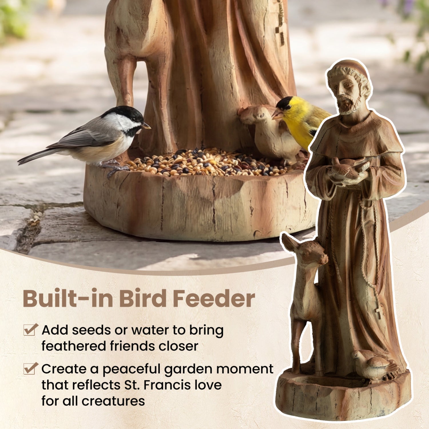 24.5 Inch Saint Francis Statue With Bird Feeder, Brown Outdoor Decor at Gallery Canada